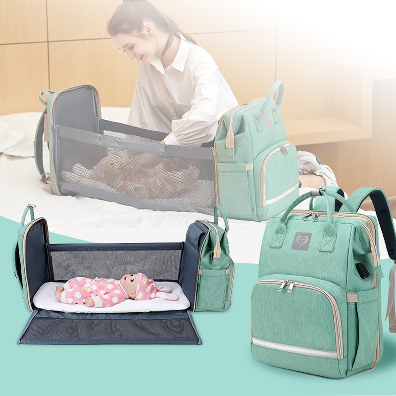 Multifunctional Diaper Backpack Bag with Foldable Baby Bed
