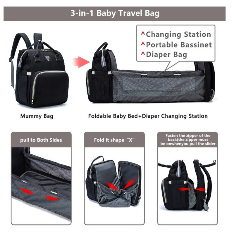 Large Capacity Multifunctional Diaper Backpack Bag with Foldable Baby Bed