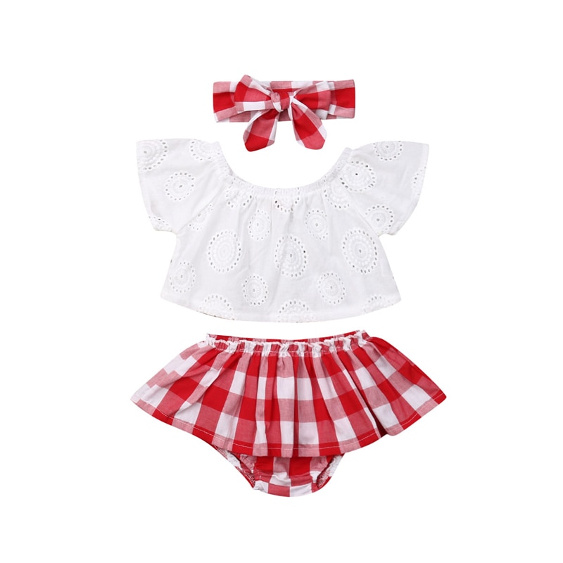 3 Pcs Baby Girl Summer Dress (Off-Shoulder Tops + Plaid Mini Dress + Headband)
