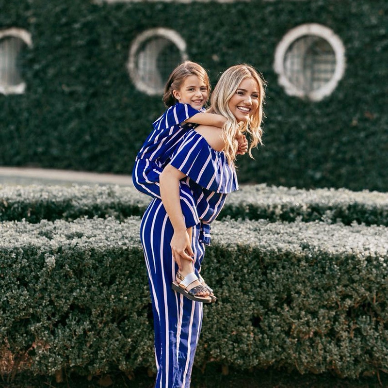 Blue Striped Family Matching Mother & Daughter Summer Jumpsuit