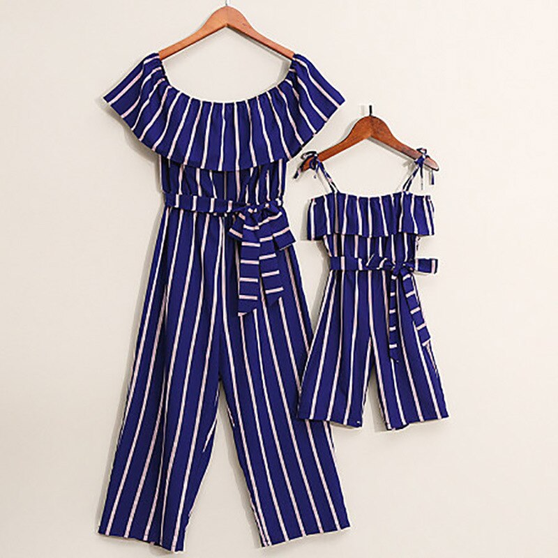Blue Striped Family Matching Mother & Daughter Summer Jumpsuit