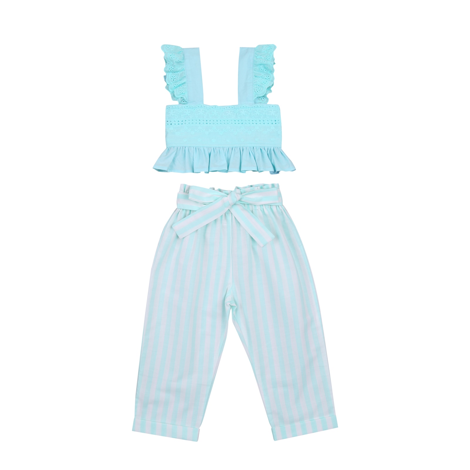 2Pcs Lace Strap Tops & Striped Long Pants Clothes Set 