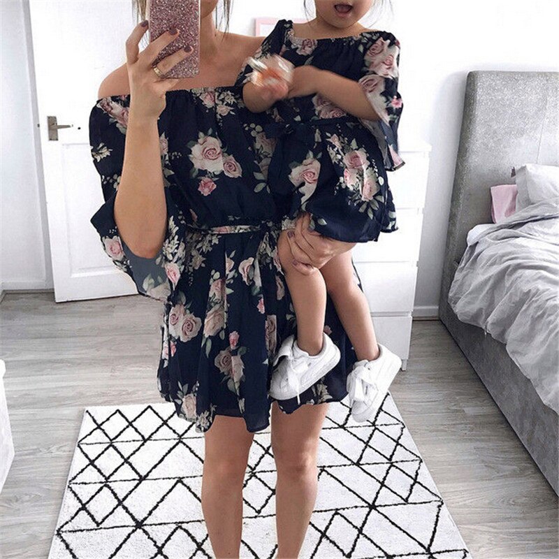 Summer Family Matching Clothing Mom & Daughter Off Shoulder Floral Loose Dress 