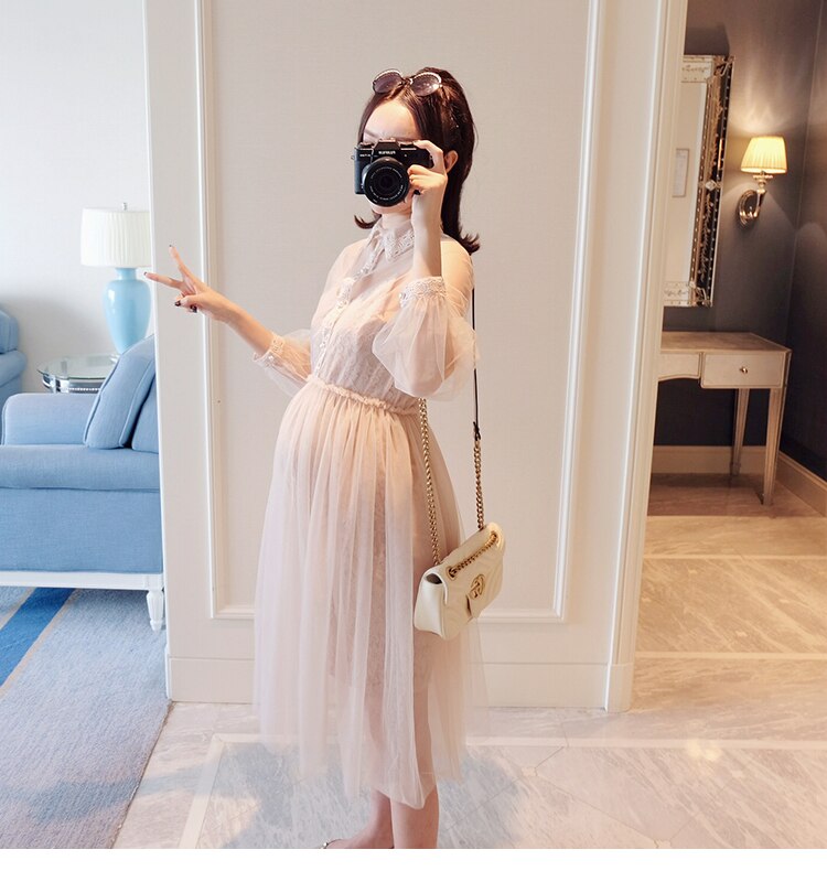 Korean Style Turn Down Collar Maternity Dress