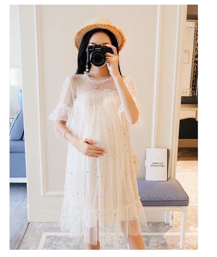 Elegant Korean Style Short Sleeve Maternity Dress