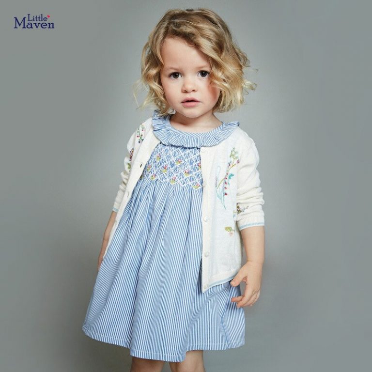 Little Maven New Summer Kids Light Blue Striped Turn-down Embroidery ...
