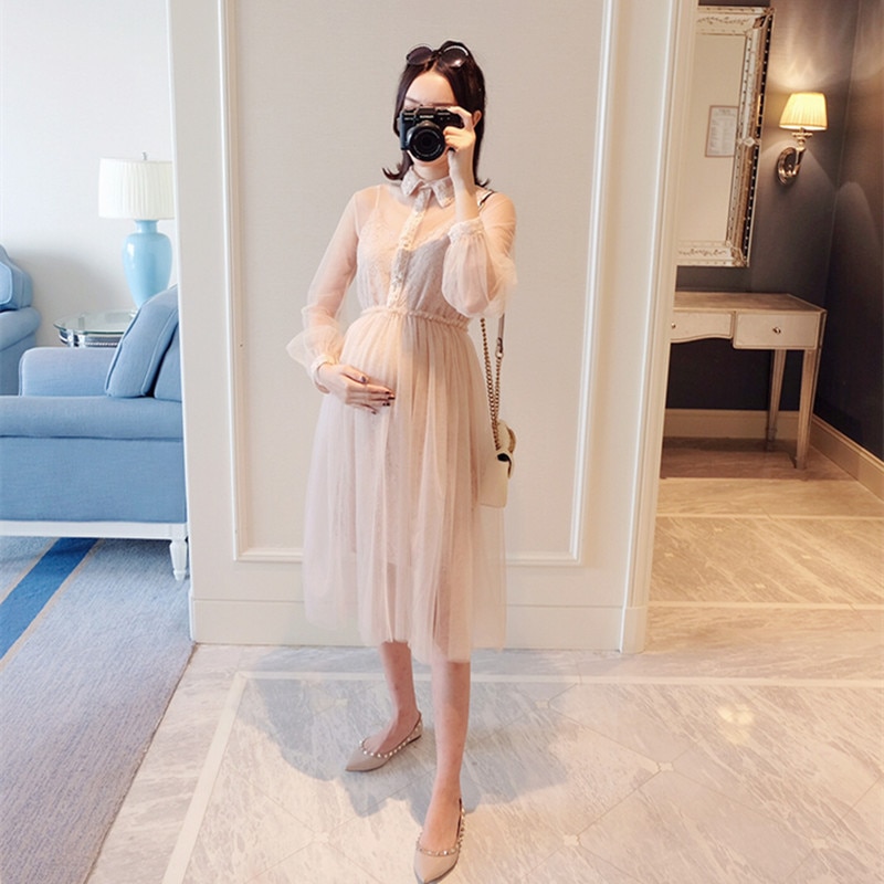 Korean Style Turn Down Collar Maternity Dress